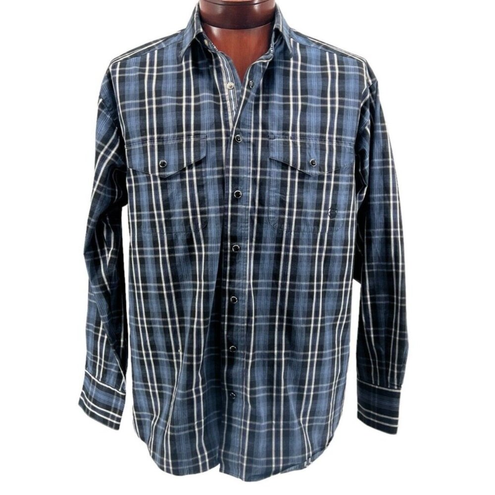 Ariat Pro Series Shirt Men's Large Plaid Snap Down Sleeve Casual- Blue